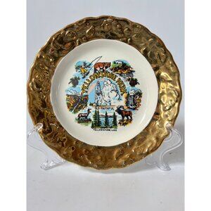 Vintage Yellowstone Park Souvenir Plate With Gold Tone Border